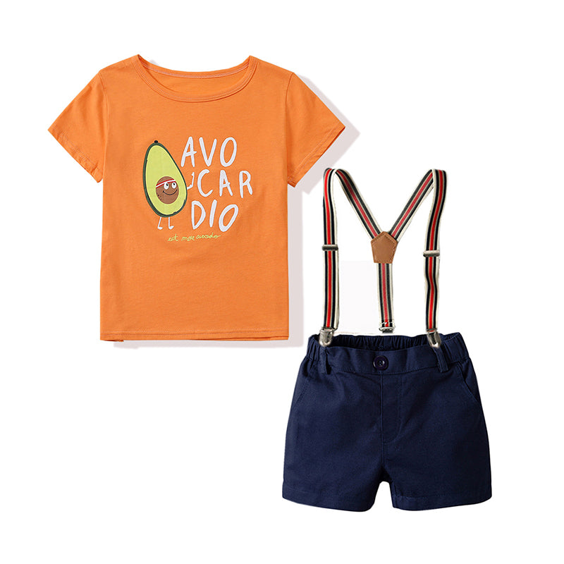 2 Pieces Set Kid Boys Letters Fruit Print T-Shirts And Solid Color Rompers Wholesale 220531387