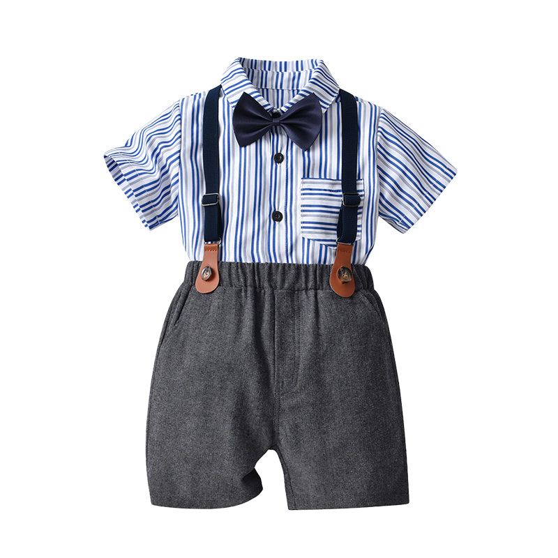 2 Pieces Set Baby Kid Boys Dressy Striped Bow Shirts And Solid Color Rompers Wholesale 22053140