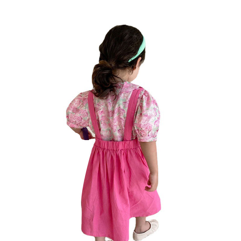 2 Pieces Set Baby Kid Girls Flower Print Tops And Solid Color Dresses Wholesale 220531422