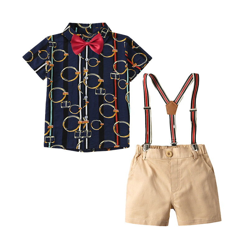 2 Pieces Set Kid Boys Dressy Cartoon Bow Print Shirts And Solid Color Rompers Wholesale 220531426