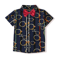 Load image into Gallery viewer, 2 Pieces Set Kid Boys Dressy Cartoon Bow Print Shirts And Solid Color Rompers Wholesale 220531426
