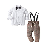 Load image into Gallery viewer, 2 Pieces Set Baby Kid Boys Dressy Solid Color Bow Shirts And Checked Jumpsuits Wholesale 22053143
