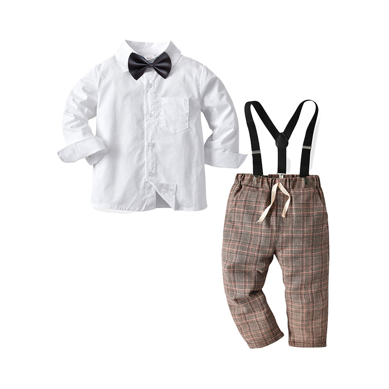 2 Pieces Set Baby Kid Boys Dressy Solid Color Bow Shirts And Checked Jumpsuits Wholesale 22053143