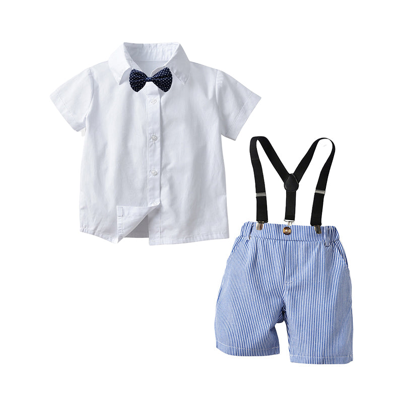 2 Pieces Set Baby Kid Boys Birthday Solid Color Bow Shirts And Striped Rompers Wholesale 22053146