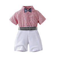Load image into Gallery viewer, 2 Pieces Set Kid Boys Dressy Birthday Star Bow Shirts And Solid Color Belted Shorts Suits Wholesale 220531464

