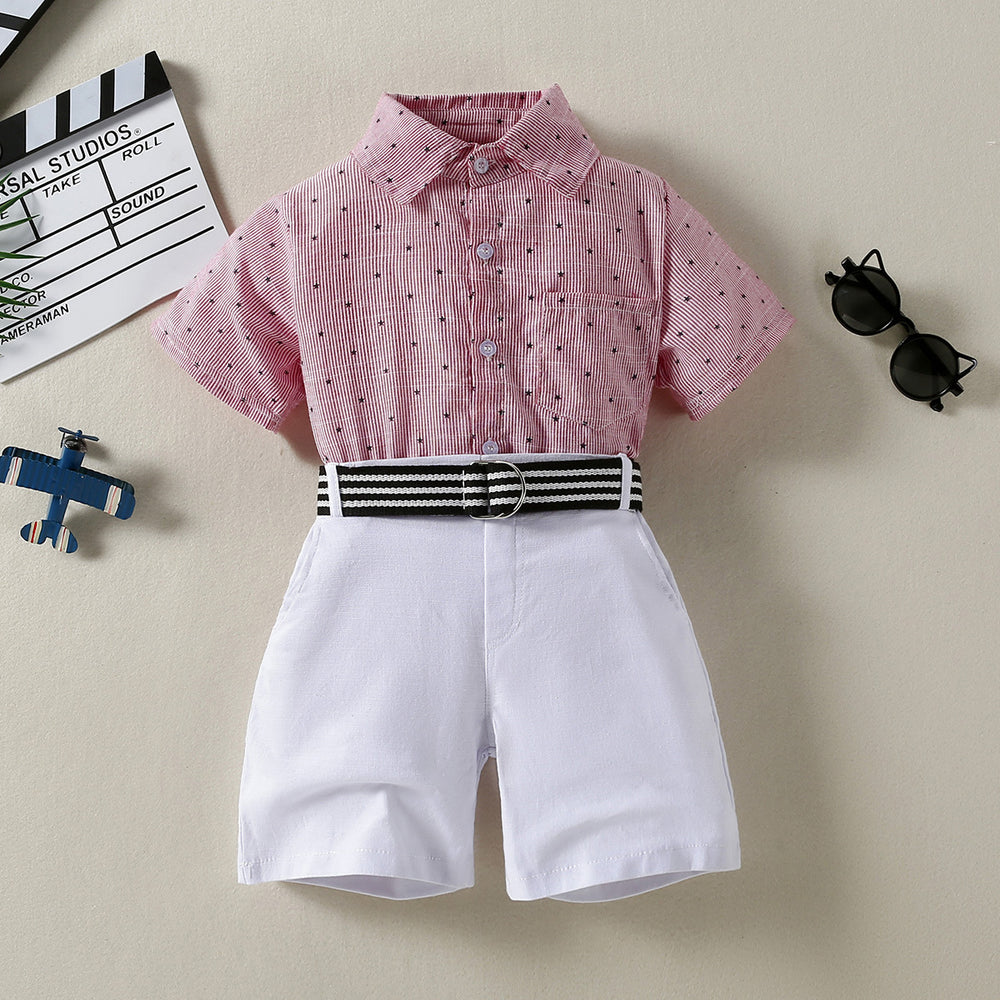 2 Pieces Set Kid Boys Dressy Birthday Star Bow Shirts And Solid Color Belted Shorts Suits Wholesale 220531464