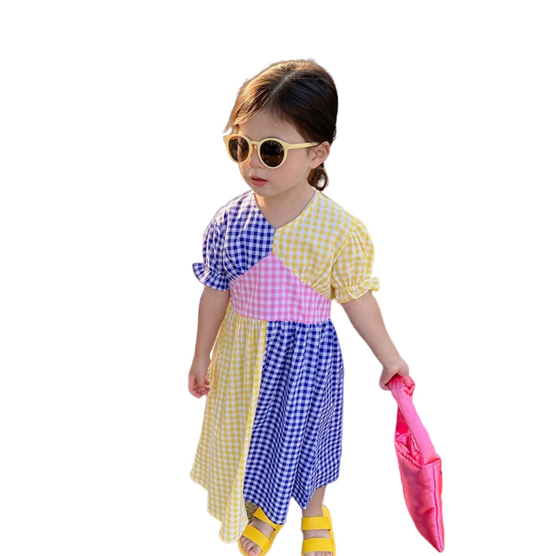 Baby Kid Girls Color-blocking Checked Dresses Wholesale 220531492