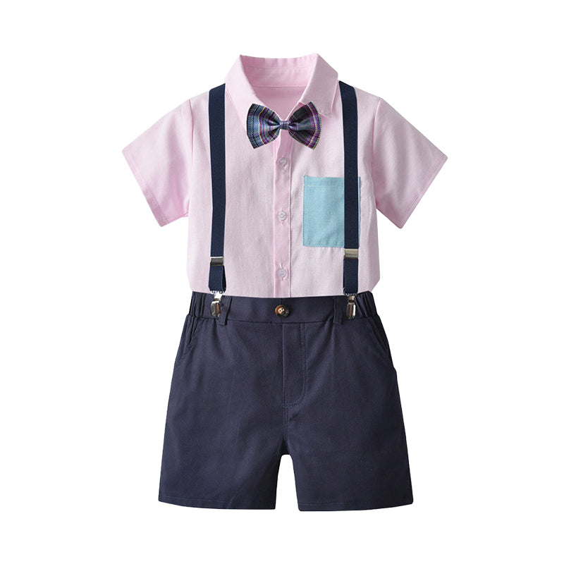 2 Pieces Set Baby Kid Boys Birthday Party Color-blocking Bow Shirts And Solid Color Rompers Wholesale 220531518