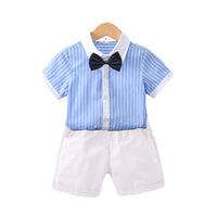 Load image into Gallery viewer, 2 Pieces Set Kid Boys Striped Bow Print Shirts And Solid Color Shorts Wholesale 220531558
