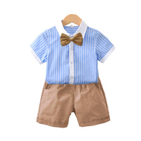 Load image into Gallery viewer, 2 Pieces Set Kid Boys Striped Bow Print Shirts And Solid Color Shorts Wholesale 220531558
