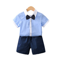 Load image into Gallery viewer, 2 Pieces Set Kid Boys Striped Bow Print Shirts And Solid Color Shorts Wholesale 220531558
