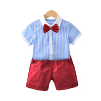Load image into Gallery viewer, 2 Pieces Set Kid Boys Striped Bow Print Shirts And Solid Color Shorts Wholesale 220531558
