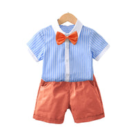 Load image into Gallery viewer, 2 Pieces Set Kid Boys Striped Bow Print Shirts And Solid Color Shorts Wholesale 220531558
