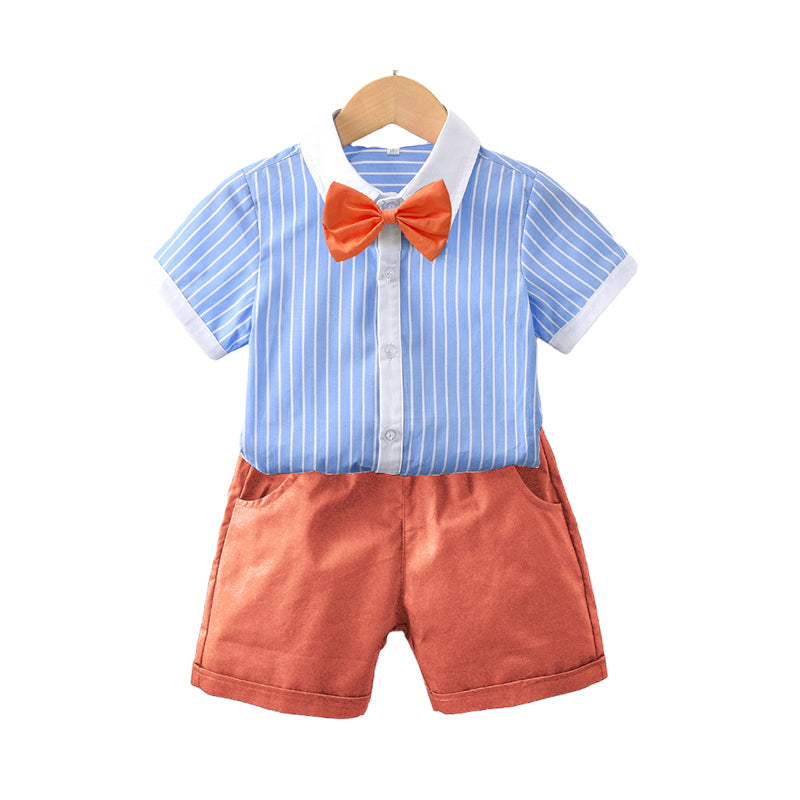 2 Pieces Set Kid Boys Striped Bow Print Shirts And Solid Color Shorts Wholesale 220531558