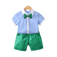 Load image into Gallery viewer, 2 Pieces Set Kid Boys Striped Bow Print Shirts And Solid Color Shorts Wholesale 220531558
