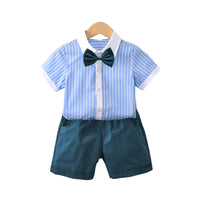 Load image into Gallery viewer, 2 Pieces Set Kid Boys Striped Bow Print Shirts And Solid Color Shorts Wholesale 220531558
