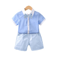 Load image into Gallery viewer, 2 Pieces Set Kid Boys Striped Bow Print Shirts And Solid Color Shorts Wholesale 220531558
