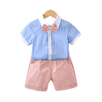 Load image into Gallery viewer, 2 Pieces Set Kid Boys Striped Bow Print Shirts And Solid Color Shorts Wholesale 220531558
