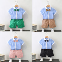 Load image into Gallery viewer, 2 Pieces Set Kid Boys Striped Bow Print Shirts And Solid Color Shorts Wholesale 220531558
