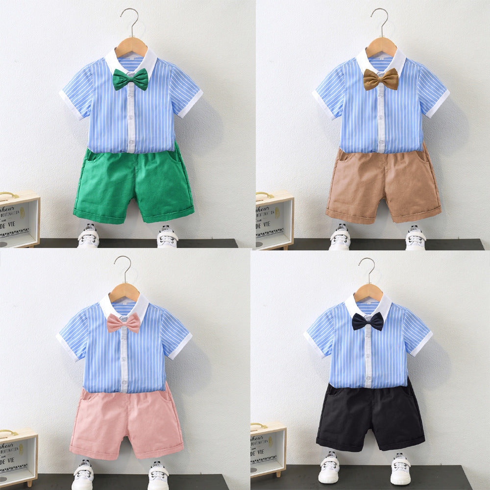 2 Pieces Set Kid Boys Striped Bow Print Shirts And Solid Color Shorts Wholesale 220531558