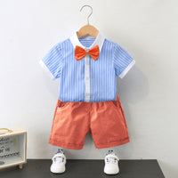 Load image into Gallery viewer, 2 Pieces Set Kid Boys Striped Bow Print Shirts And Solid Color Shorts Wholesale 220531558
