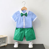 Load image into Gallery viewer, 2 Pieces Set Kid Boys Striped Bow Print Shirts And Solid Color Shorts Wholesale 220531558

