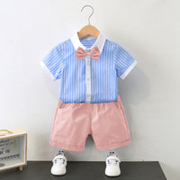 Load image into Gallery viewer, 2 Pieces Set Kid Boys Striped Bow Print Shirts And Solid Color Shorts Wholesale 220531558
