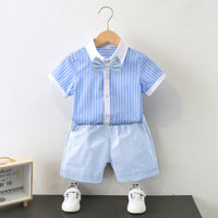 Load image into Gallery viewer, 2 Pieces Set Kid Boys Striped Bow Print Shirts And Solid Color Shorts Wholesale 220531558
