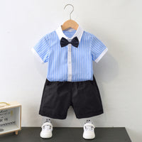 Load image into Gallery viewer, 2 Pieces Set Kid Boys Striped Bow Print Shirts And Solid Color Shorts Wholesale 220531558
