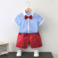 Load image into Gallery viewer, 2 Pieces Set Kid Boys Striped Bow Print Shirts And Solid Color Shorts Wholesale 220531558
