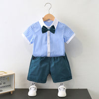 Load image into Gallery viewer, 2 Pieces Set Kid Boys Striped Bow Print Shirts And Solid Color Shorts Wholesale 220531558
