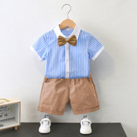 Load image into Gallery viewer, 2 Pieces Set Kid Boys Striped Bow Print Shirts And Solid Color Shorts Wholesale 220531558
