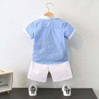 Load image into Gallery viewer, 2 Pieces Set Kid Boys Striped Bow Print Shirts And Solid Color Shorts Wholesale 220531558
