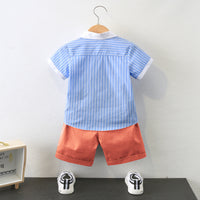 Load image into Gallery viewer, 2 Pieces Set Kid Boys Striped Bow Print Shirts And Solid Color Shorts Wholesale 220531558
