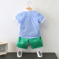 Load image into Gallery viewer, 2 Pieces Set Kid Boys Striped Bow Print Shirts And Solid Color Shorts Wholesale 220531558
