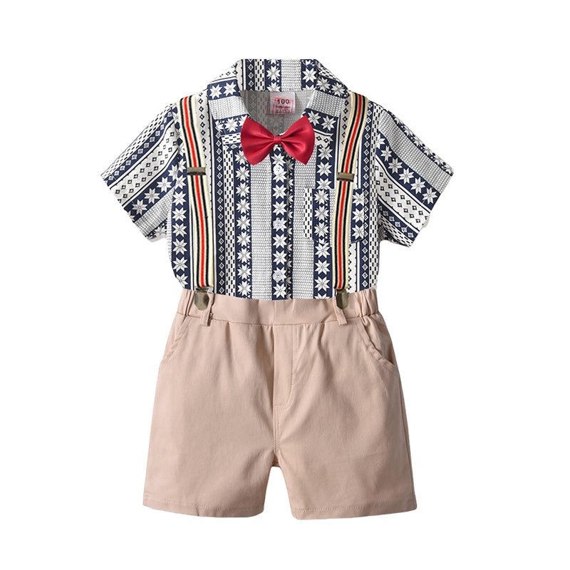 2 Pieces Set Baby Kid Boys Dressy Flower Bow Print Shirts And Solid Color Rompers Wholesale 220531586