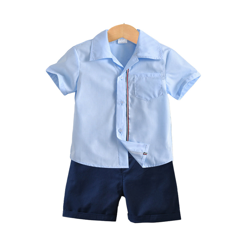 2 Pieces Set Kid Boys Striped Shirts And Solid Color Shorts Wholesale 220531597