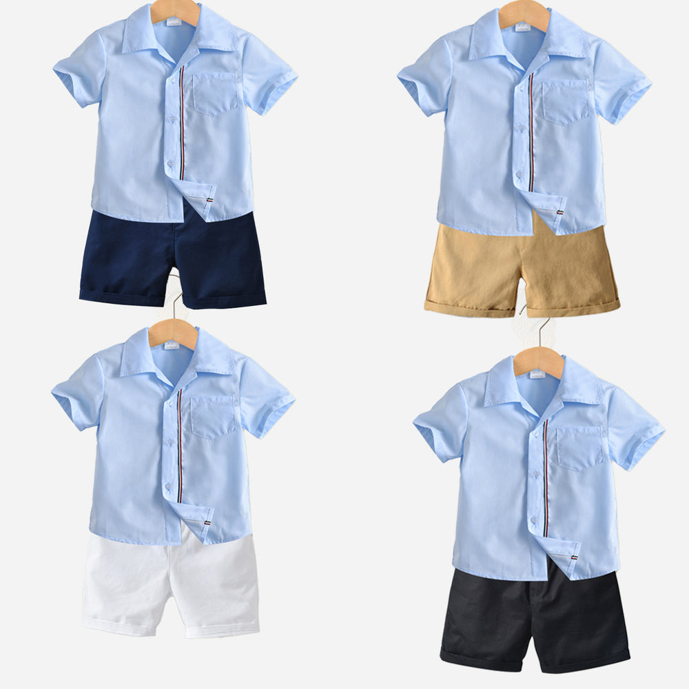 2 Pieces Set Kid Boys Striped Shirts And Solid Color Shorts Wholesale 220531597