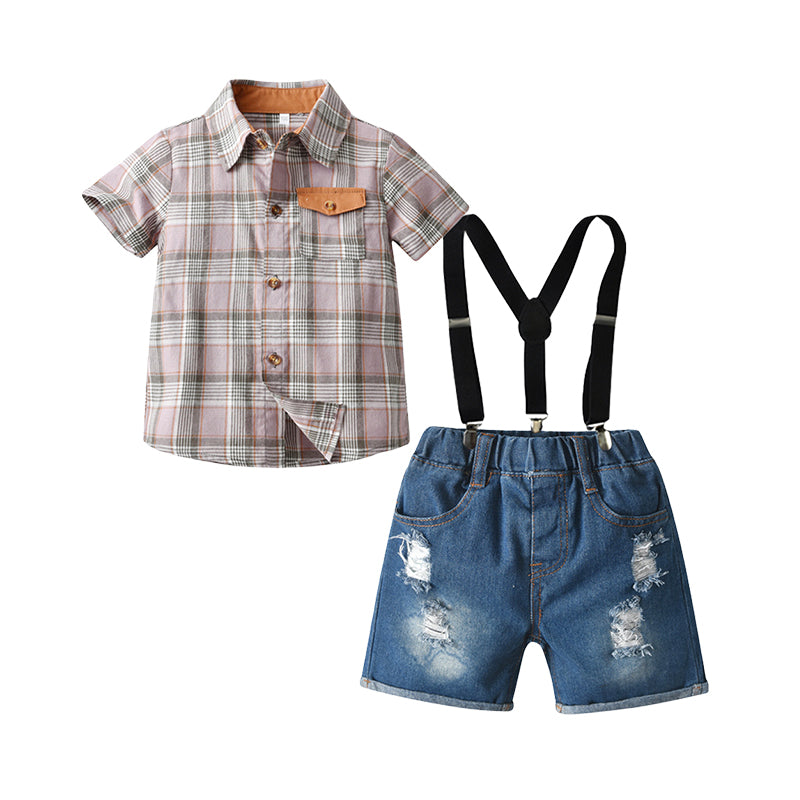 2 Pieces Set Baby Kid Boys Checked Bow Shirts And Ripped Shorts Wholesale 220531613