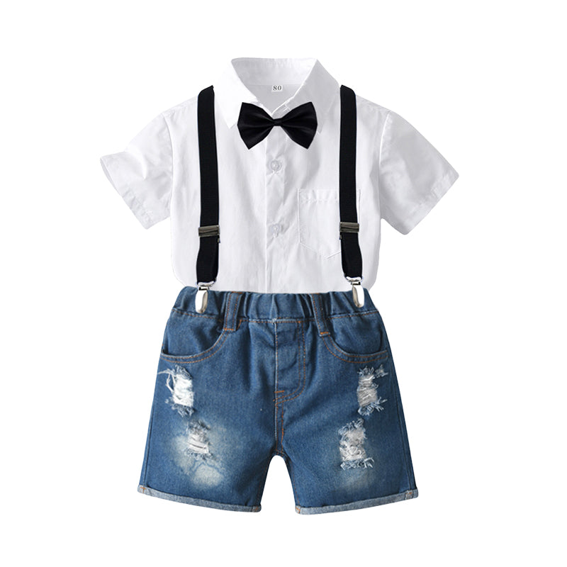2 Pieces Set Baby Kid Boys Solid Color Bow Shirts And Ripped Shorts Wholesale 220531614