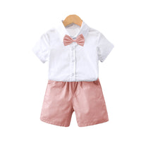 Load image into Gallery viewer, 2 Pieces Set Baby Kid Boys Dressy Solid Color Bow Shirts And Shorts Suits Wholesale 220531619

