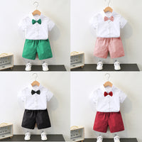 Load image into Gallery viewer, 2 Pieces Set Baby Kid Boys Dressy Solid Color Bow Shirts And Shorts Suits Wholesale 220531619
