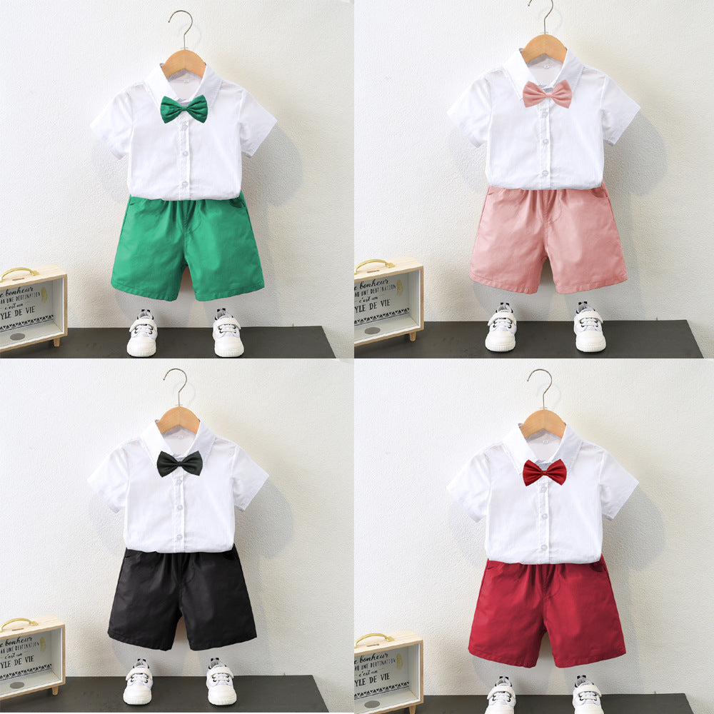 2 Pieces Set Baby Kid Boys Dressy Solid Color Bow Shirts And Shorts Suits Wholesale 220531619