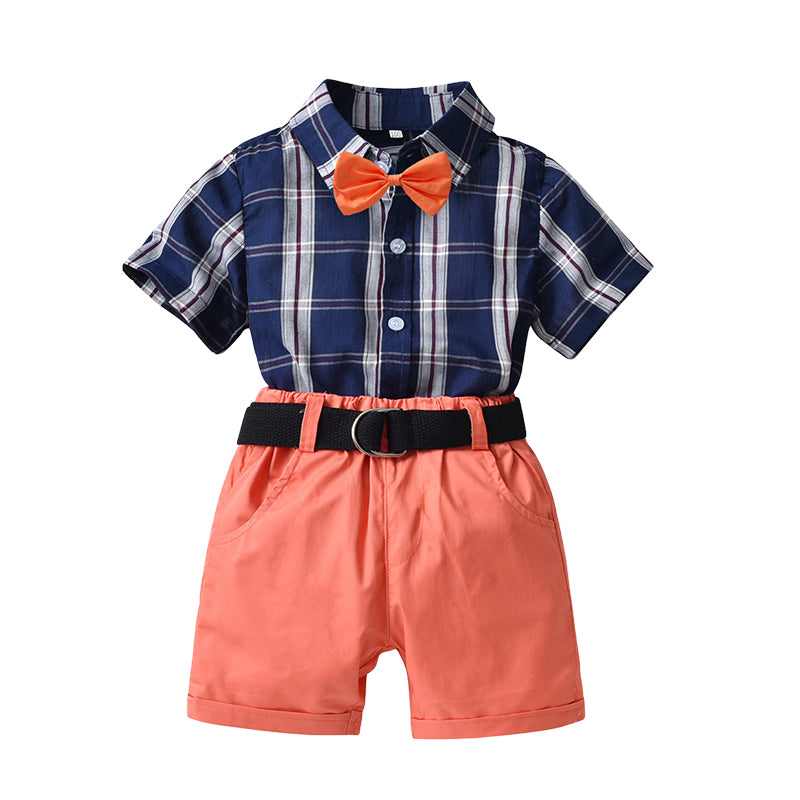 2 Pieces Set Baby Kid Boys Dressy Checked Bow Shirts And Solid Color Shorts Wholesale 22053172