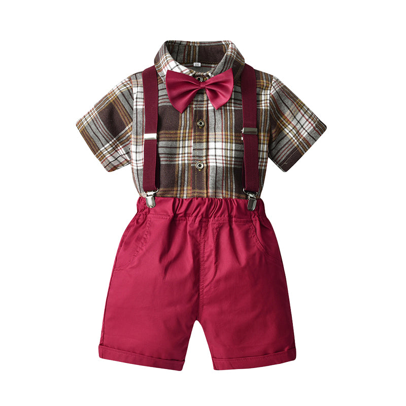 2 Pieces Set Baby Kid Boys Dressy Checked Bow Shirts And Solid Color Rompers Wholesale 22053176