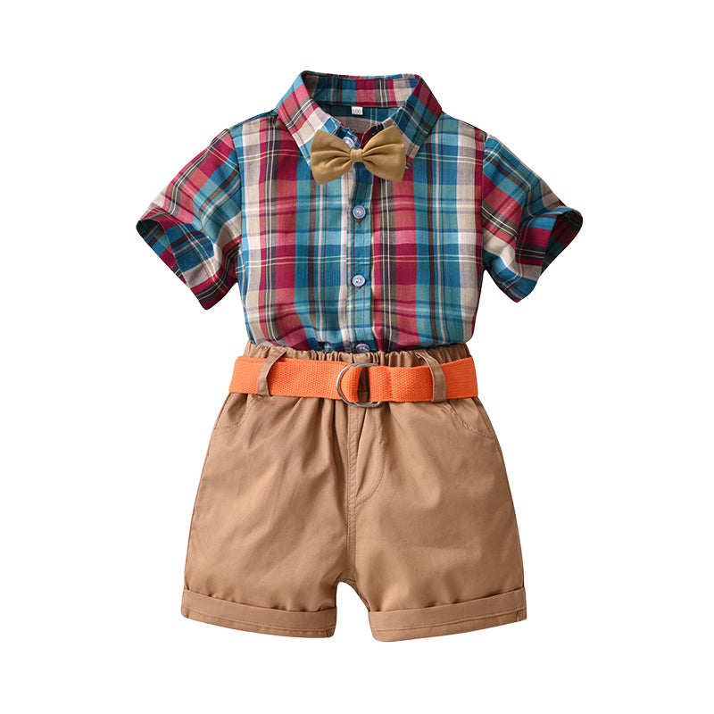 2 Pieces Set Baby Kid Boys Birthday Party Checked Bow Shirts And Solid Color Shorts Wholesale 22053195