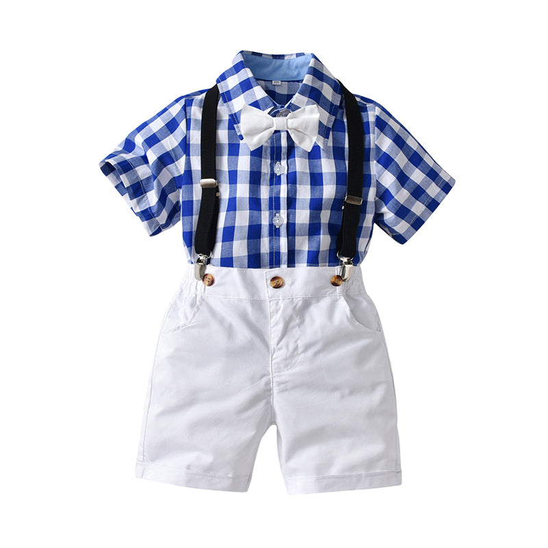 2 Pieces Set Baby Kid Boys Birthday Party Checked Bow Shirts And Solid Color Rompers Wholesale 22053198