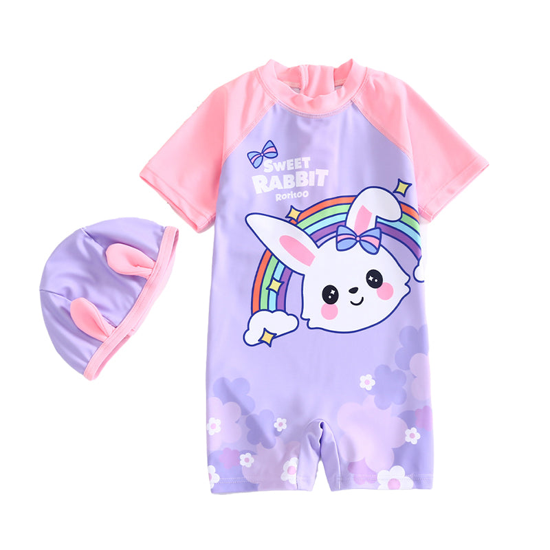 Kid Girls Letters Color-blocking Flower Rainbow Cartoon Bow Print Swimwears Wholesale 22060103