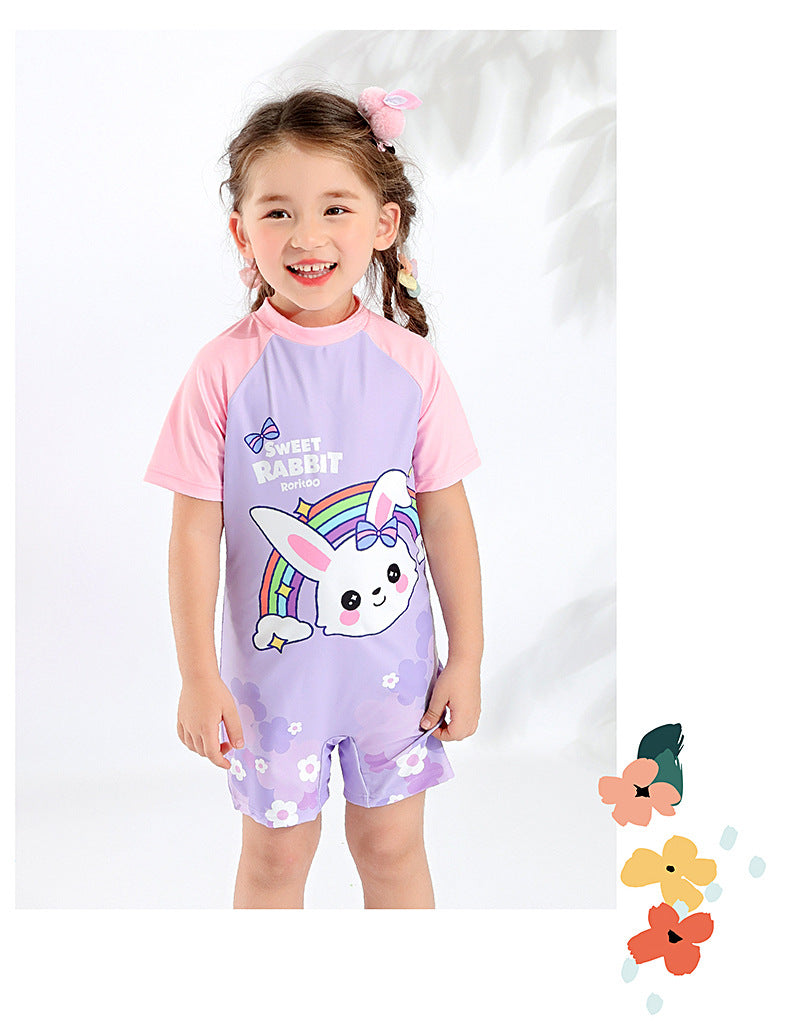 Kid Girls Letters Color-blocking Flower Rainbow Cartoon Bow Print Swimwears Wholesale 22060103