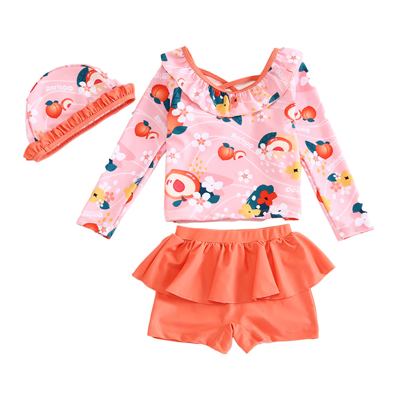 2 Pieces Set Kid Girls Letters Flower Fruit Print Tops And Solid Color Shorts Swimwears Wholesale 22060108